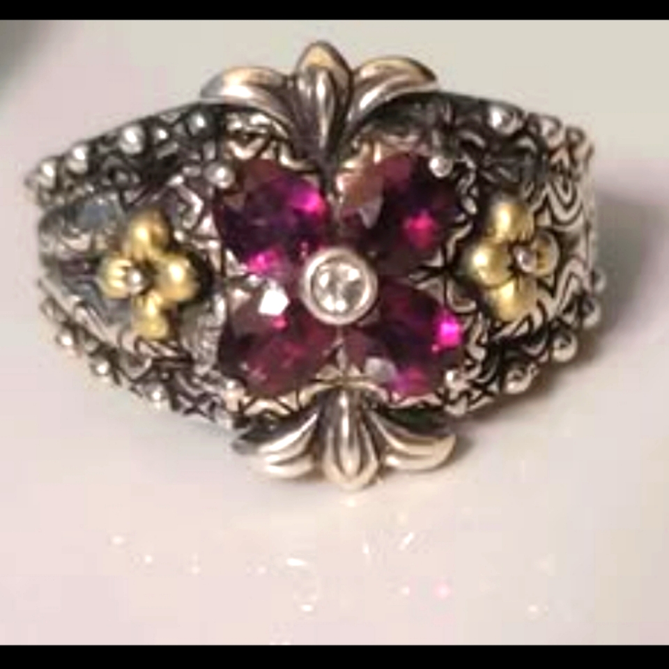 Signed Designer Luxury Vintage Retired Barbara Bixby Garnet Floral Stamped 300$